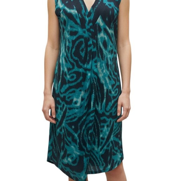 Jones New York Teal Black Abstract Print Sleeveless V-Neck Sheath Dress Size L - Picture 3 of 8